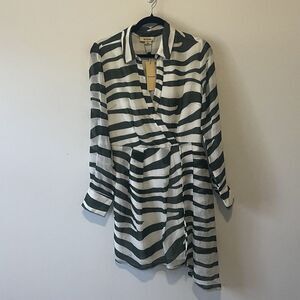 Du Paradis Green Striped Sheer Long Sleeve Shirtdress Womens Size Small